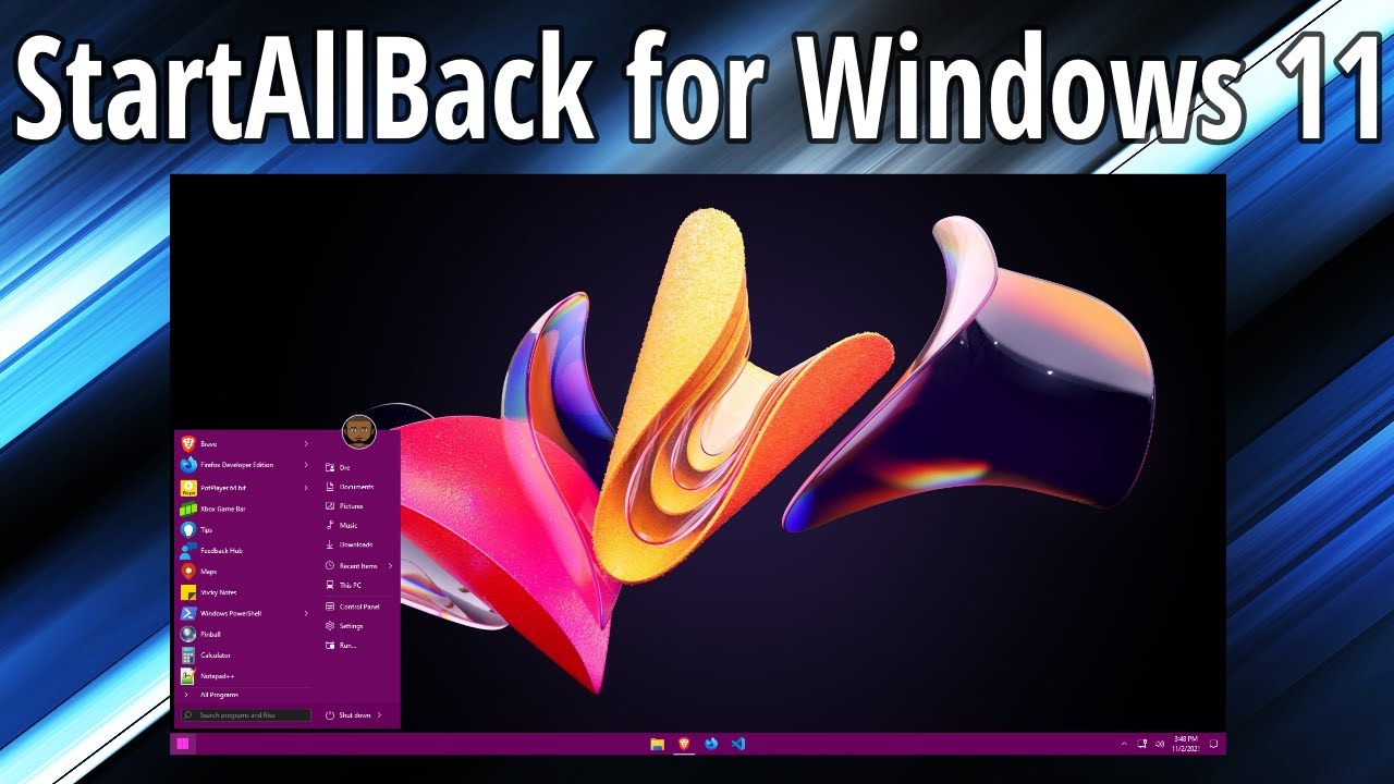 A computer screen displays the StartAllBack application for Windows 11. The screen shows a modern Start menu with a vivid, abstract 3D wallpaper in the center. The interface includes a customized taskbar with various icons, all under the title "StartAllBack for Windows 11" at the top.